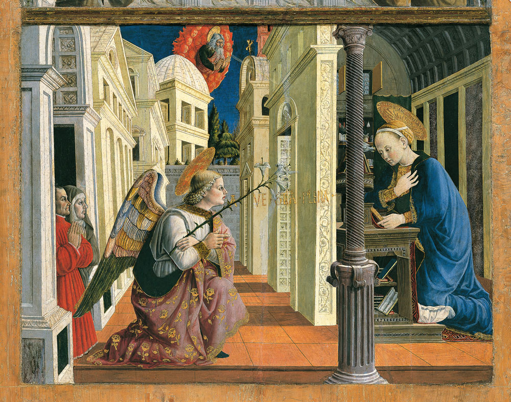 Giovanni Angelo d'Antonio, Annunciazione con un donatore laico e una donatrice terziaria francescana (Giacomo di Boncambio e sua moglie?)