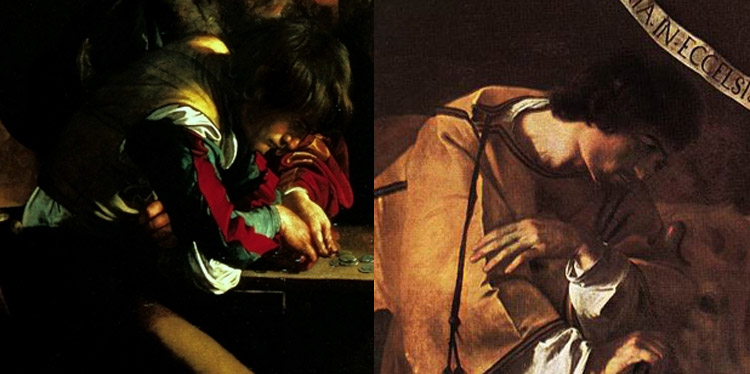 Confronto tra l'uomo nella Vocazione di san Matteo e il san Lorenzo della Natività