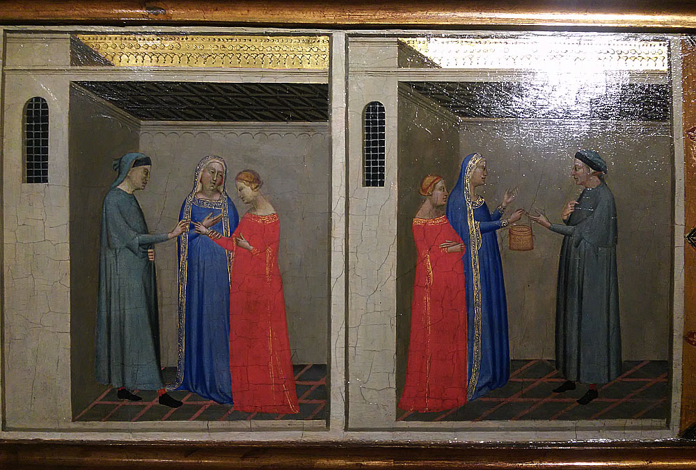 Bernardo Daddi, Fidanzamento di Michele con Maria e La madre della sposa che consegna a Michele la cesta con la cintola come dote Bernardo Daddi, Fidanzamento di Michele con Maria e La madre della sposa che consegna a Michele la cesta con la cintola come dote
