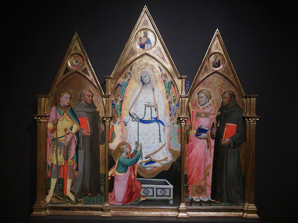 Niccolò di Pietro Gerini, La Madonna assunta che dona la Cintola a san Tommaso e sei angeli, tra san Giorgio, san Giovanni Gualberto, san Lorenzo e san Francesco Niccolò di Pietro Gerini, La Madonna assunta che dona la Cintola a san Tommaso e sei angeli, tra san Giorgio, san Giovanni Gualberto, san Lorenzo e san Francesco