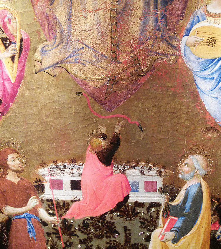 Sano di Pietro, La Madonna assunta tra angeli musicanti che dona la cintola a san Tommaso tra santi, particolare Sano di Pietro, La Madonna assunta tra angeli musicanti che dona la cintola a san Tommaso tra santi, particolare