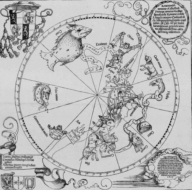 Albrecht Dürer, L'emisfero sud del globo celeste. Mappa celeste australe (1515; xilografia, 421 x 432 mm; Firenze, Galleria degli Uffizi, Gabinetto dei Disegni e delle Stampe) Albrecht Dürer, L'emisfero sud del globo celeste. Mappa celeste australe (1515; xilografia, 421 x 432 mm; Firenze, Galleria degli Uffizi, Gabinetto dei Disegni e delle Stampe)