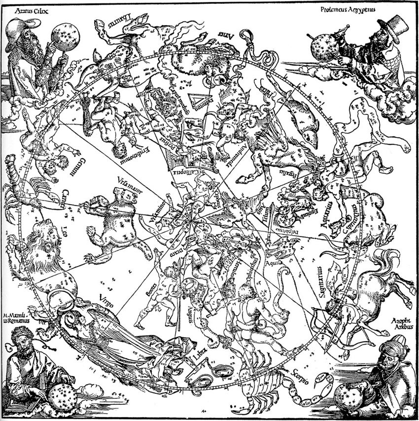 Albrecht Dürer, L'emisfero nord del globo celeste. Mappa celeste boreale (1515; xilografia, 420 x 427 mm; Firenze, Galleria degli Uffizi, Gabinetto dei Disegni e delle Stampe) Albrecht Dürer, L'emisfero nord del globo celeste. Mappa celeste boreale (1515; xilografia, 420 x 427 mm; Firenze, Galleria degli Uffizi, Gabinetto dei Disegni e delle Stampe)