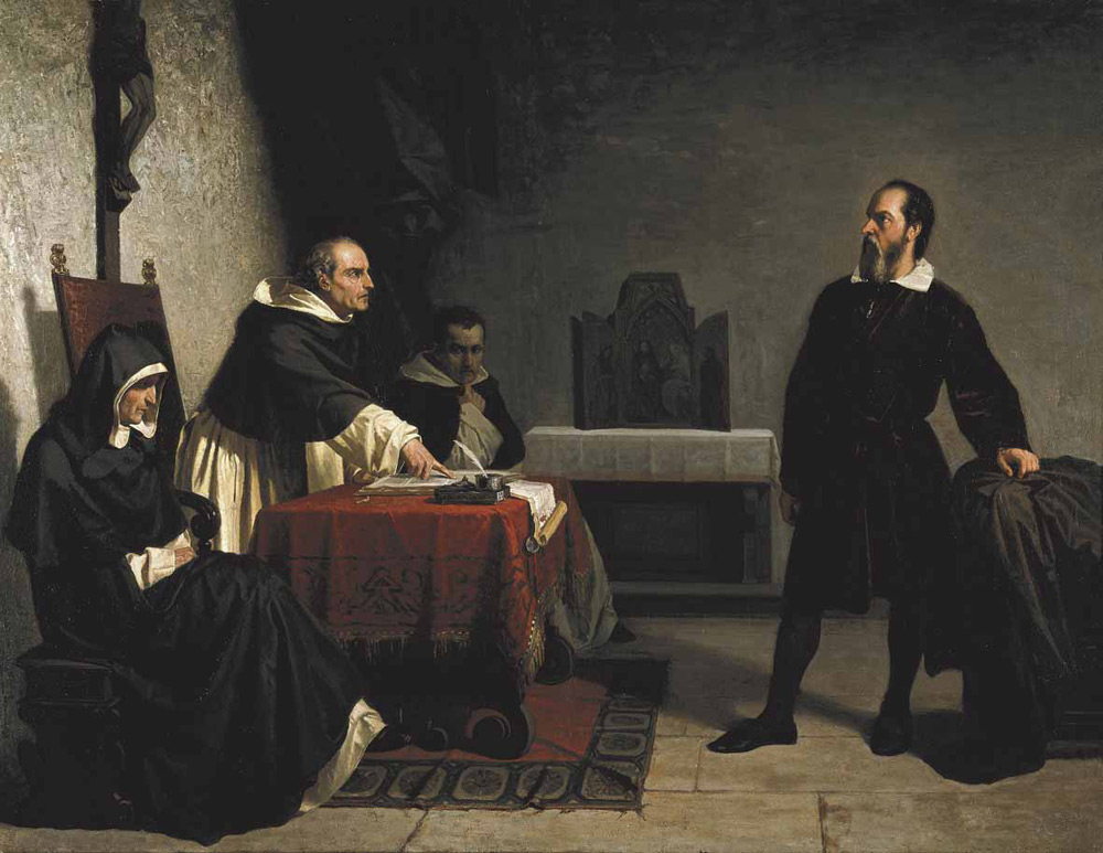 Cristiano Banti, Galileo davanti all'Inquisizione (1857; olio su tela, 110 x 140 cm; Carpi, Collezione Palazzo Foresti) Cristiano Banti, Galileo davanti all'Inquisizione (1857; olio su tela, 110 x 140 cm; Carpi, Collezione Palazzo Foresti)