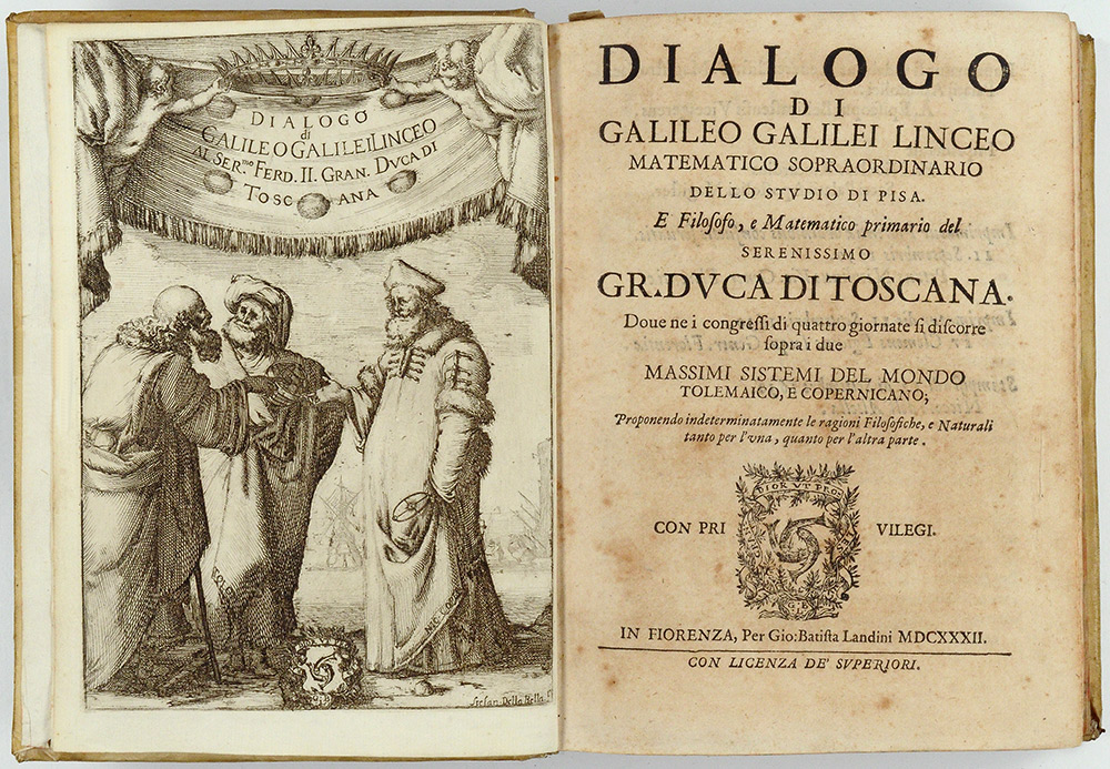 Galileo Galilei, Dialogo sopra i massimi sistemi (1632; opera a stampa con note autografe manoscritte, 18,5 x 24,5 x 5,5 cm; Padova, Biblioteca antica del seminario vescovile) Galileo Galilei, Dialogo sopra i massimi sistemi (1632; opera a stampa con note autografe manoscritte, 18,5 x 24,5 x 5,5 cm; Padova, Biblioteca antica del seminario vescovile)