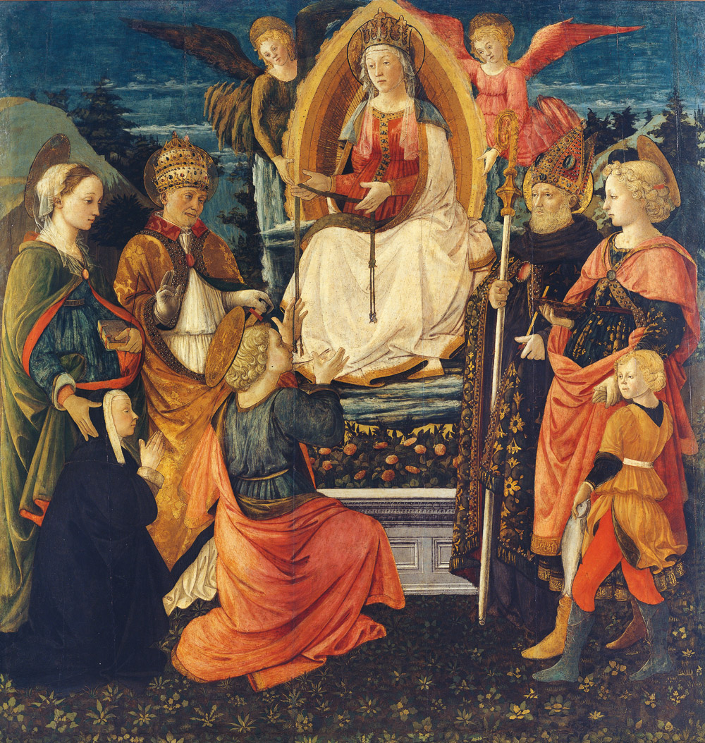 Filippo Lippi e bottega, La Madonna Assunta che dona la cintola a san Tommaso tra san Gregorio, santa Margherita, sant'Agostino, l'arcangelo Raffaele e Tobiolo Filippo Lippi e bottega, La Madonna Assunta che dona la cintola a san Tommaso tra san Gregorio, santa Margherita, sant'Agostino, l'arcangelo Raffaele e Tobiolo
