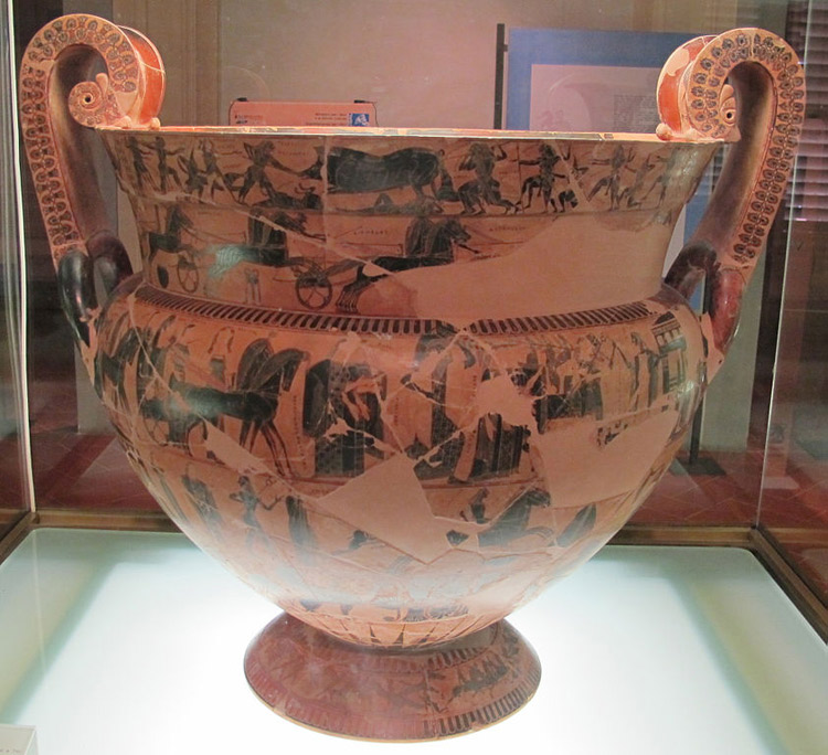 Ergotimos e Kleitias, Cratere attico detto Vaso François (570 ca. a.C.; ceramica a figure nere, 66 x 57 cm; Firenze, Museo Archeologico Nazionale) Ergotimos e Kleitias, Cratere attico detto Vaso François (570 ca. a.C.; ceramica a figure nere, 66 x 57 cm; Firenze, Museo Archeologico Nazionale)