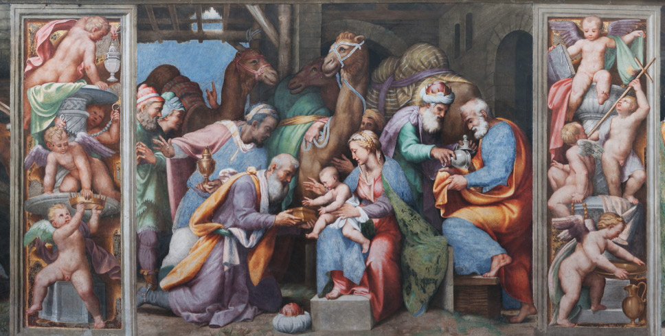 Scene del tamburo: Storie della Vergine, l'Adorazione dei Magi 