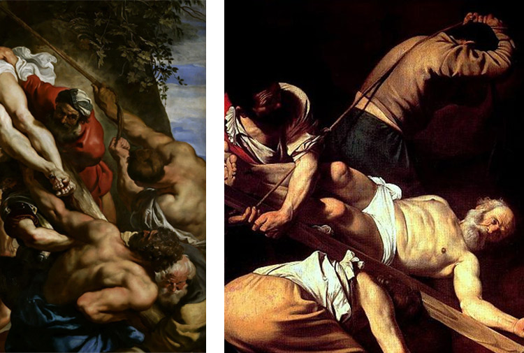 Confronto tra il dipinto di Rubens e la Crocifissione di san Pietro di Caravaggio