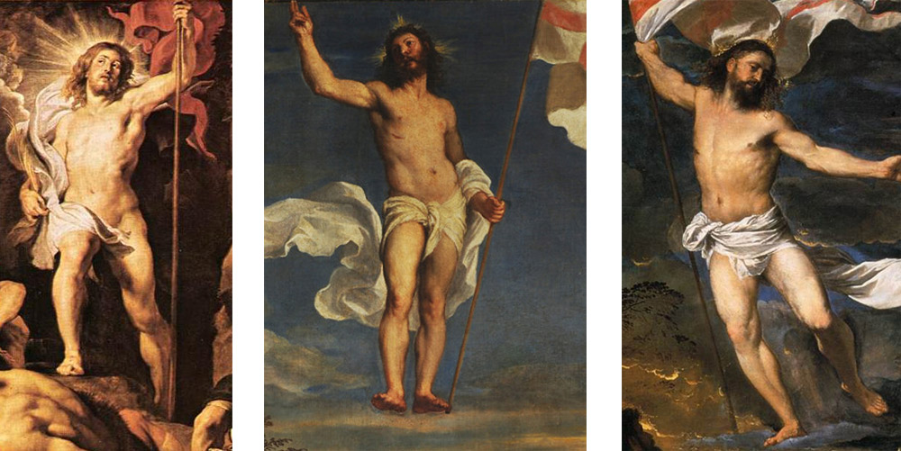 Confronto tra il Cristo risorto di Rubens e quelli di Tiziano nella Resurrezione della Galleria Nazionale delle Marche (al centro) e del Polittico Averoldi (a destra)
