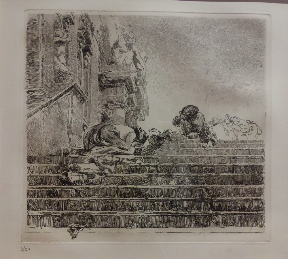 Giuseppe Mentessi, Il dramma del giorno della sagra, L’aggressione (1894; acquaforte, 275 x 296 mm; Ferrara, Gallerie d’Arte Moderna e Contemporanea) 