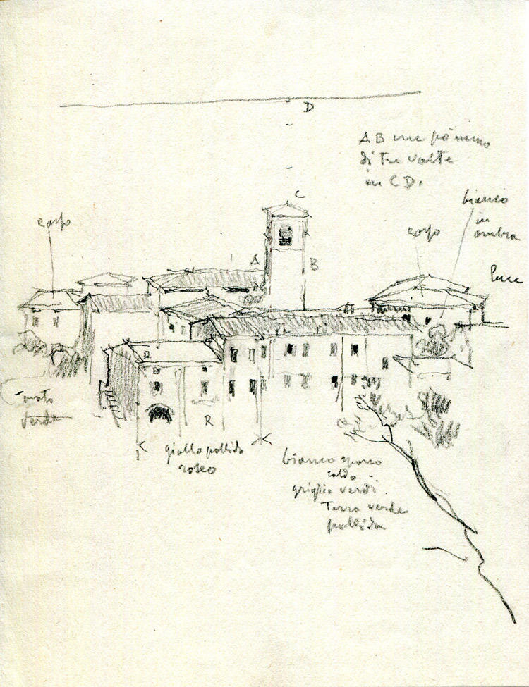 Giuseppe Mentessi, Veduta di paese su un lago (matita su carta, mm. 134 x 104; Modena, collezione AssiCoop Ferrara&Modena) 