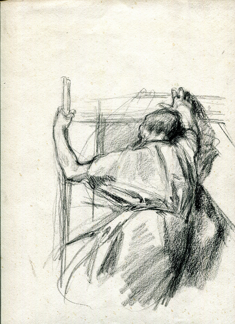 Giuseppe Mentessi, Pellegrino con bastone, Studio per Ramingo (1909 circa; carboncino su carta, 326 x 254 mm; Modena, collezione AssiCoop Ferrara&Modena) 