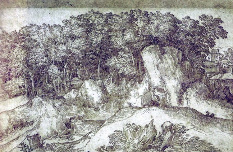 Domenico Campagnola, Paesaggio roccioso con un fitto bosco 