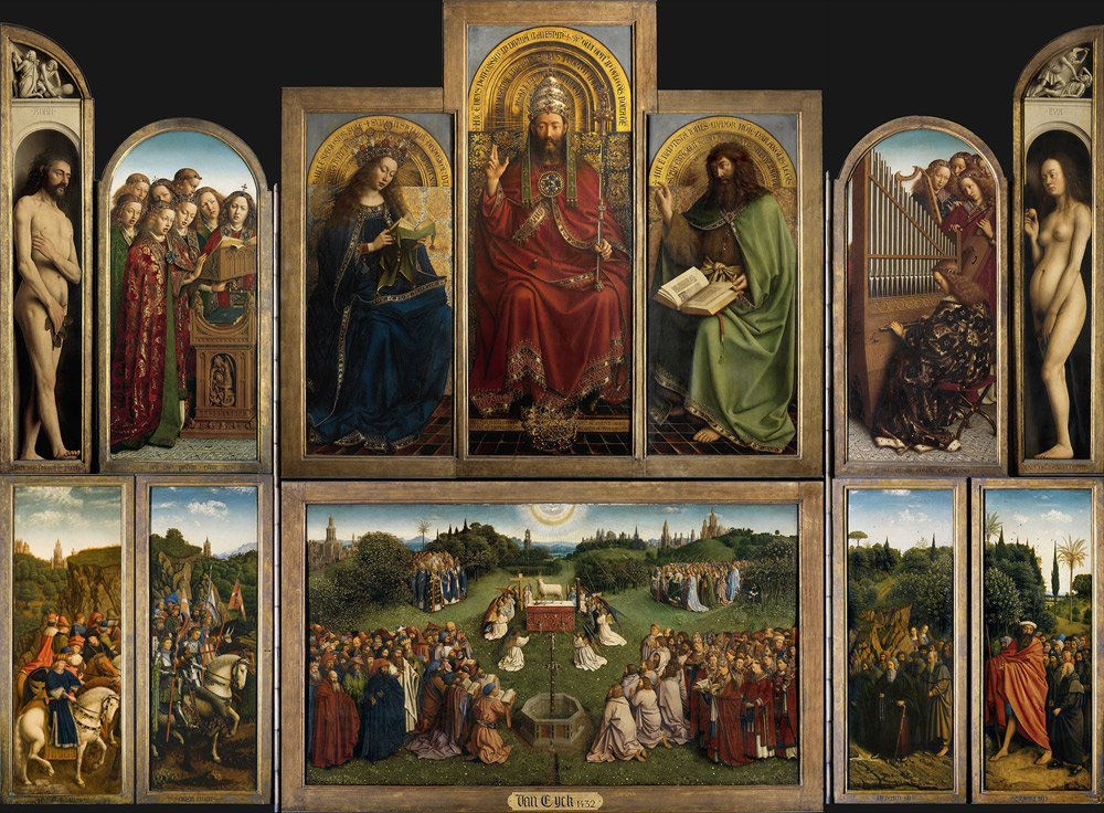 Jan van Eyck e Hubert van Eyck, Polittico dell’Agnello Mistico (datato 1432; olio su tavola, 350 x 470 cm aperto, 350 x 223 cm chiuso; Gent, Cattedrale di San Bavone). Ph. Credit KIK-IRPA 
