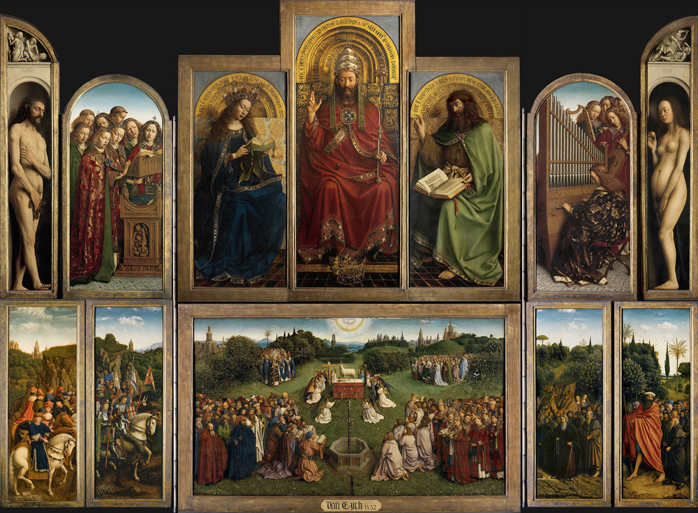 Jan van Eyck e Hubert van Eyck, Polittico dell'Agnello Mistico (datato 1432; olio su tavola, 350 x 470 cm aperto, 350 x 223 cm chiuso; Gent, Cattedrale di San Bavone). Ph. Credit KIK-IRPA
Jan van Eyck e Hubert van Eyck, Polittico dell'Agnello Mistico (datato 1432; olio su tavola, 350 x 470 cm aperto, 350 x 223 cm chiuso; Gent, Cattedrale di San Bavone). Ph. Credit KIK-IRPA