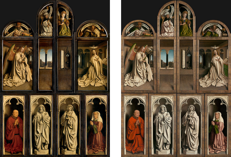 Il polittico chiuso, prima e dopo il restauro. Ph. Credit KIK-IRPA
