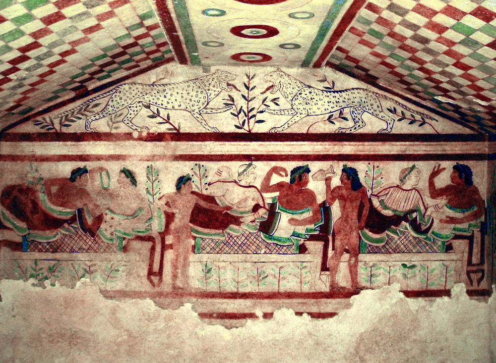 Arte Etrusca, Scena di banchetto (473 a.C.; affresco; Tarquinia, Tomba dei Leopardi)
