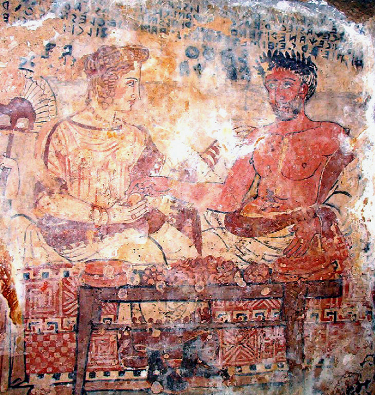 Arte Etrusca, Scena di banchetto (terzo quarto del IV secolo a.C.; affresco; Tarquinia, Tomba degli Scudi)
Arte Etrusca, Scena di banchetto (terzo quarto del IV secolo a.C.; affresco; Tarquinia, Tomba degli Scudi)
