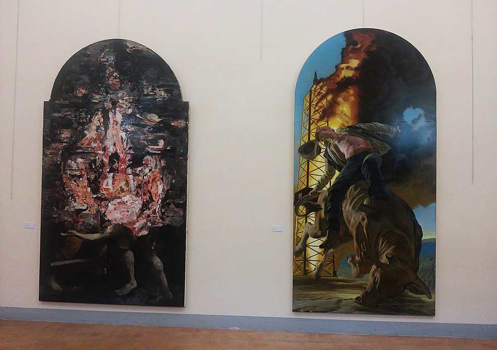 A sinistra Nicola Samorì, San Pietro all'inferno (2016; olio su lino, 300 x 175 cm). A destra Nicola Verlato, Beauty of failure (2009; olio su tela, 312 x 152 cm)
A sinistra Nicola Samorì, San Pietro all'inferno (2016; olio su lino, 300 x 175 cm). A destra Nicola Verlato, Beauty of failure (2009; olio su tela, 312 x 152 cm)