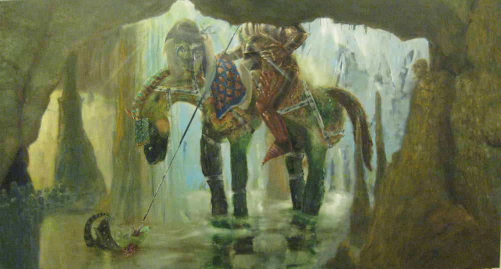 Thomas Braida, Le atrocità di san Giorgio e compagna (2012; olio su tela, 211 x 399 cm)
Thomas Braida, Le atrocità di san Giorgio e compagna (2012; olio su tela, 211 x 399 cm)