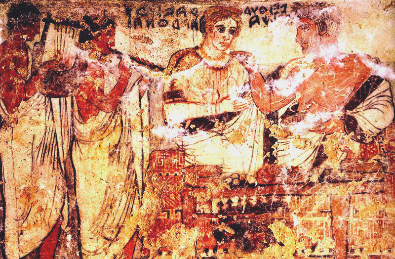 Arte Etrusca, Scena di banchetto (terzo quarto del IV secolo a.C.; affresco; Tarquinia, Tomba degli Scudi) 