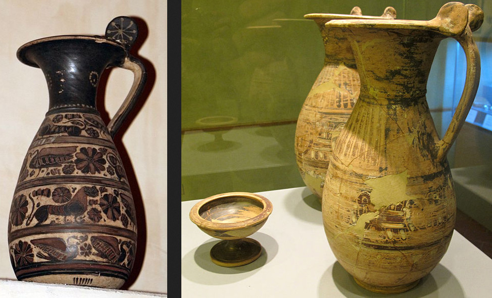Ceramica etrusco-corinzia. A sinistra: olpe (580-560 a.C. circa; ceramica; Pisa, Antiquarium dell'Università di Pisa). A destra: due olpai e una coppa (fine VII - inizi del VI secolo a.C.; ceramica; Fucecchio, Museo Civico)