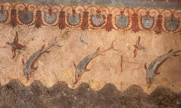 Arte etrusca, Delfini (530 a.C.; affresco; Tarquinia, Tomba della Caccia e della Pesca)