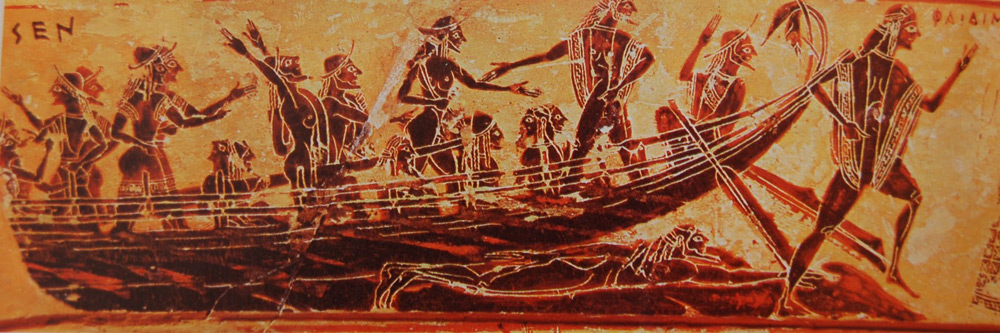 Kleitias, Cratere attico detto Vaso François, dettaglio con la nave degli ateniesi a Creta (570 a.C. circa; ceramica a figure nere, 66 x 57 cm; Firenze, Museo Archeologico Nazionale) 