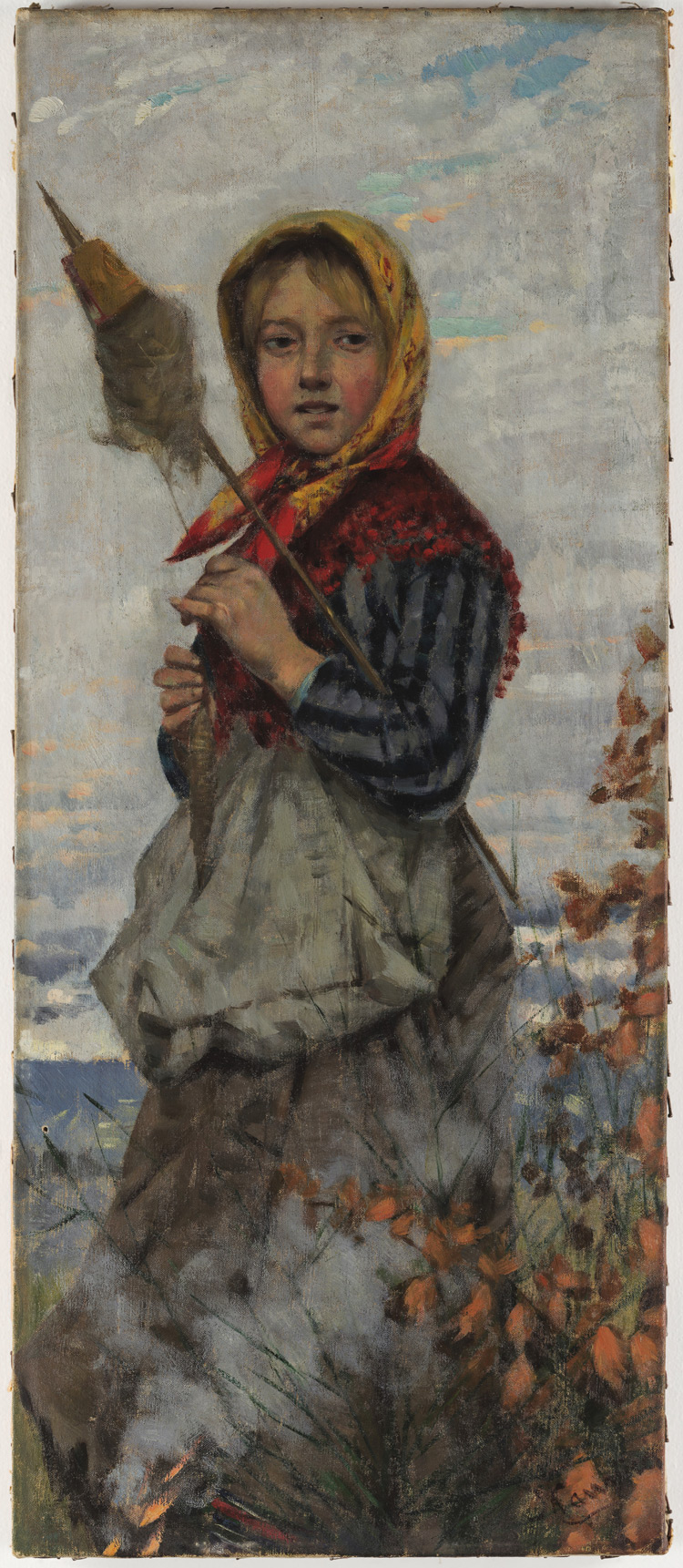 Niccolò Cannicci, La filatrice (1885-1890; olio su cartone, 57 x 24 cm; Milano, Museo Nazionale Scienza e Tecnologia Leonardo da Vinci) 