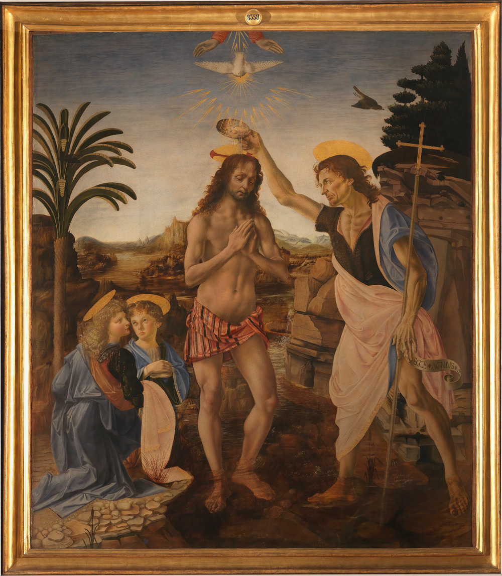 Verrocchio e Leonardo da Vinci, Battesimo di Cristo (1475-1478; tempera e olio su tavola; Firenze, Uffizi)