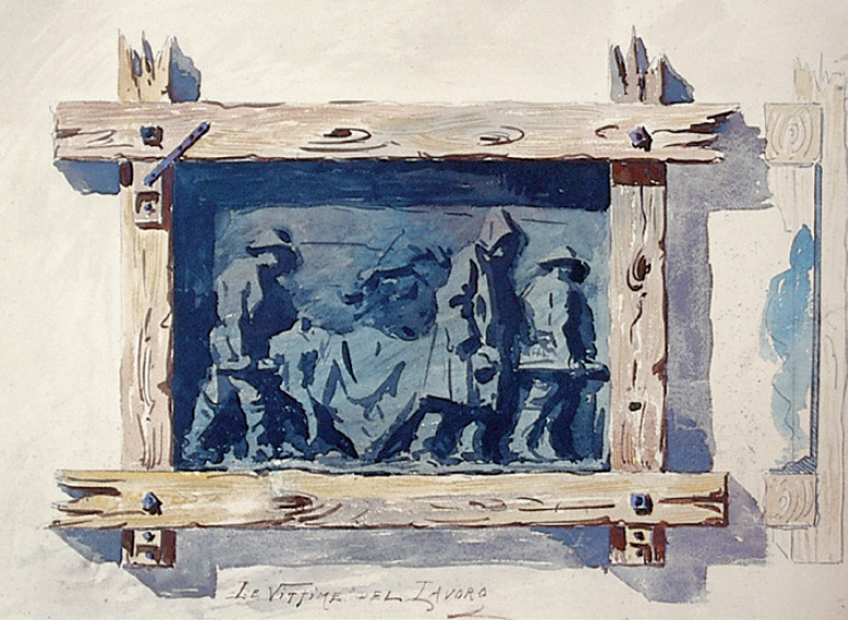 Augusto Guidini (attribuito a), Progetto per la cornice delle Vittime dele lavoro (matita e acquerello su carta, 616 x 558 mm; Ligornetto, Museo Vincenzo Vela)
Augusto Guidini (attribuito a), Progetto per la cornice delle Vittime dele lavoro (matita e acquerello su carta, 616 x 558 mm; Ligornetto, Museo Vincenzo Vela)