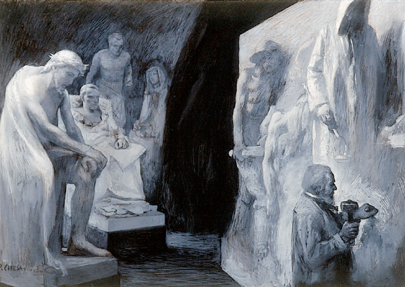 Pietro Chiesa, Vincenzo Vela alle prese con le Vittime del lavoro vegliato dai suoi capolavori (prima del 1906; tecnica mista su carta, 420 x 605 mm; Ligornetto, Museo Vincenzo Vela)
Pietro Chiesa, Vincenzo Vela alle prese con le Vittime del lavoro vegliato dai suoi capolavori (prima del 1906; tecnica mista su carta, 420 x 605 mm; Ligornetto, Museo Vincenzo Vela)
