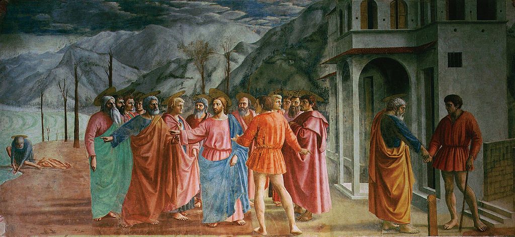 Masaccio (e Masolino?), Tributo (1425 circa; affresco, 255 x 598 cm; Firenze, Santa Maria del Carmine, Cappella Brancacci) 