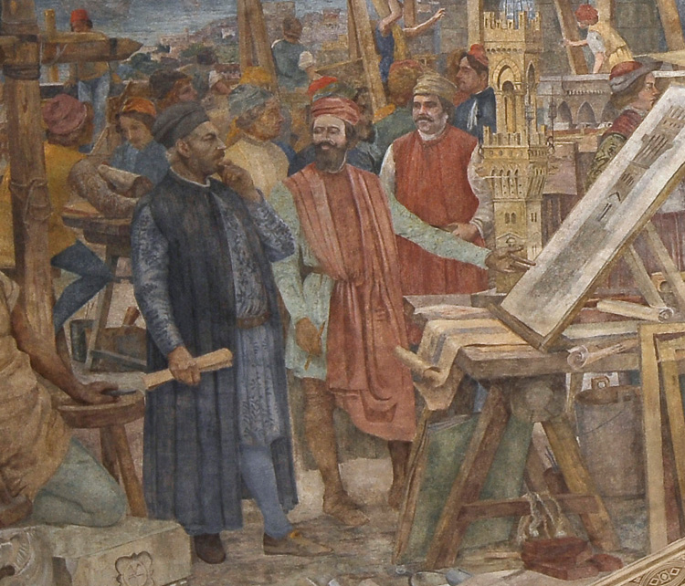 Dettaglio del dipinto della costruzione della torre del castello con Gino Coppedè che illustra il progetto a Evan Mackenzie Dettaglio del dipinto della costruzione della torre del castello con Gino Coppedè che illustra il progetto a Evan Mackenzie