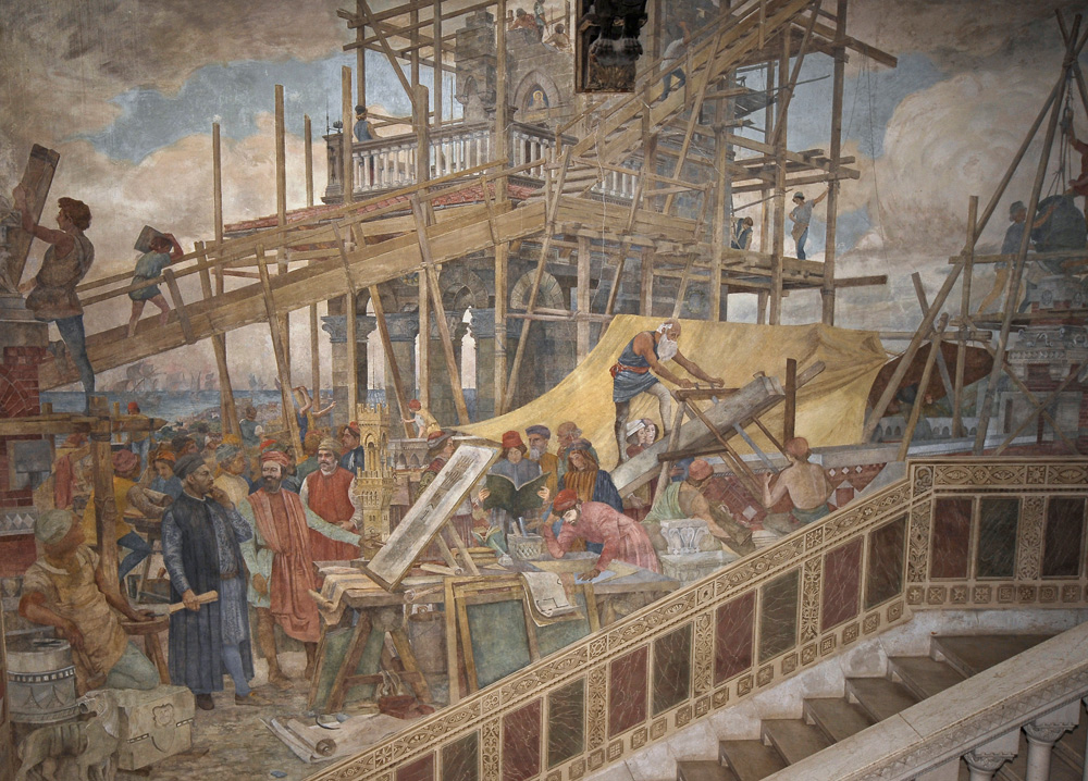 Carlo Coppedè, La costruzione della torre del Castello Mackenzie (1900-1902 circa; dipinto murale; Genova, Castello Mackenzie) Carlo Coppedè, La costruzione della torre del Castello Mackenzie (1900-1902 circa; dipinto murale; Genova, Castello Mackenzie)