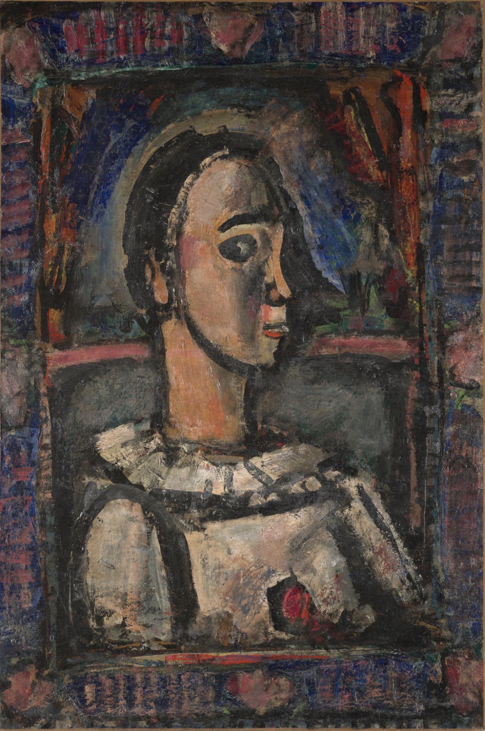 Georges Rouault, Pierrot con rosa (1936 circa; olio su carta incollata su lino, 92,7 x 61,8 cm; Filadelfia, Philadelphia Museum of Art)
Georges Rouault, Pierrot con rosa (1936 circa; olio su carta incollata su lino, 92,7 x 61,8 cm; Filadelfia, Philadelphia Museum of Art)