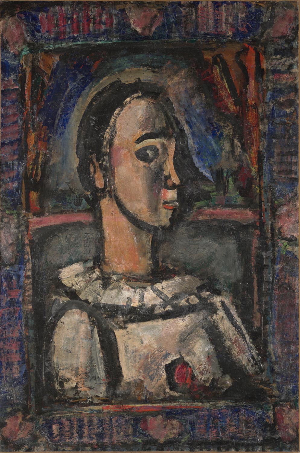 Georges Rouault, Pierrot con rosa (1936 circa; olio su carta incollata su lino, 92,7 x 61,8 cm; Filadelfia, Philadelphia Museum of Art) 