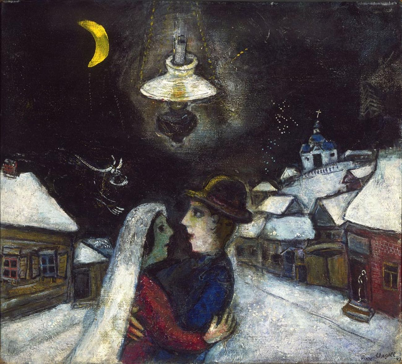 Marc Chagall, Nella notte (1943; olio su tela, 47 x 52,4 cm; Filadelfia, Philadelphia Museum of Art)
Marc Chagall, Nella notte (1943; olio su tela, 47 x 52,4 cm; Filadelfia, Philadelphia Museum of Art)