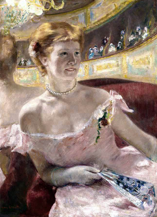 Mary Cassatt, Donna con collana di perle in un palchetto (1879; olio su tela, 81,3 x 59,7 cm; Filadelfia, Philadelphia Museum of Art) 