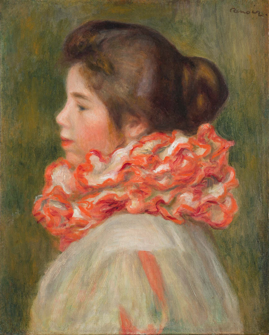 Pierre-Auguste Renoir, Ragazza con gorgiera rossa (1896 circa; olio su tela, 73,5 x 92,1 cm; Filadelfia, Philadelphia Museum of Art)
Pierre-Auguste Renoir, Ragazza con gorgiera rossa (1896 circa; olio su tela, 73,5 x 92,1 cm; Filadelfia, Philadelphia Museum of Art)