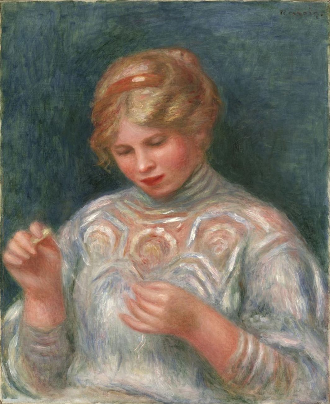 Pierre-Auguste Renoir, Ragazza che fa il merletto (1906; olio su tela, 56,5 x 46,7 cm; Filadelfia, Philadelphia Museum of Art)
Pierre-Auguste Renoir, Ragazza che fa il merletto (1906; olio su tela, 56,5 x 46,7 cm; Filadelfia, Philadelphia Museum of Art)