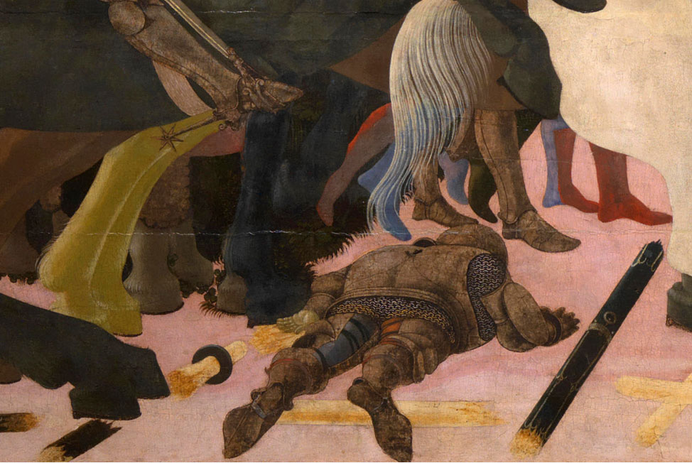 Paolo Uccello, Battaglia di San Romano, Niccolò da Tolentino alla testa dei fiorentini, dettaglio (1438; tecnica mista su tavola, 180 x 316 cm; Londra, National Gallery) 
