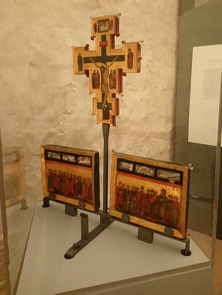 Maestro di Sant'Alò, Croce astile opistografa-stauroteca con le due tavolette coi santi 