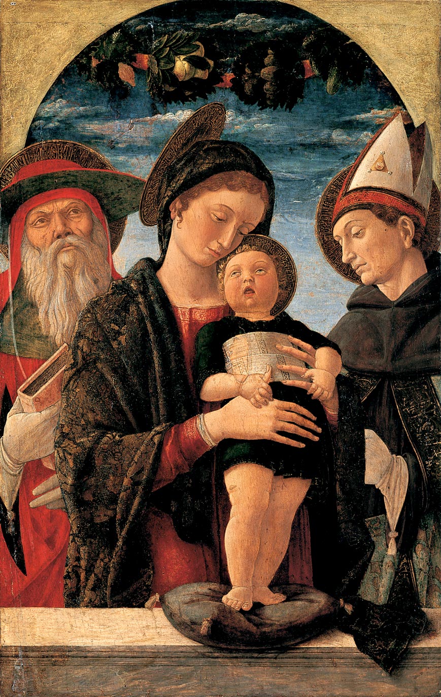 Andrea Mantegna, Madonna col Bambino e i santi Girolamo e Ludovico da Tolosa (1455 circa; tempera su tavola, 69,4 x 44,4 cm; Parigi, Musée Jacquemart-André)
