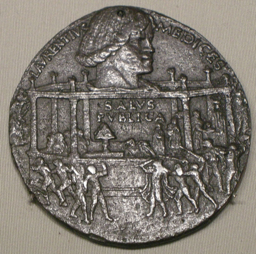 Bertoldo di Giovanni, Medaglia della congiura dei Pazzi, recto (1478; bronzo, 6,56 x 6,56 cm; Varie collocazioni)
