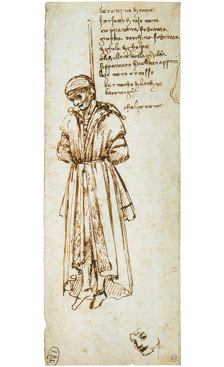 Leonardo da Vinci, Bernardo Bandini Baroncelli impiccato (1479; inchiostro su carta, 192 x 78 mm; Bayonne, Musée Bonnat)
