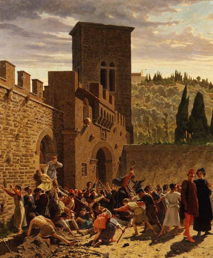 Odoardo Borrani, Il cadavere di Jacopo de' Pazzi (1864; olio su tela, 145 x 121 cm; Firenze, Galleria d'Arte Moderna di Palazzo Pitti)
