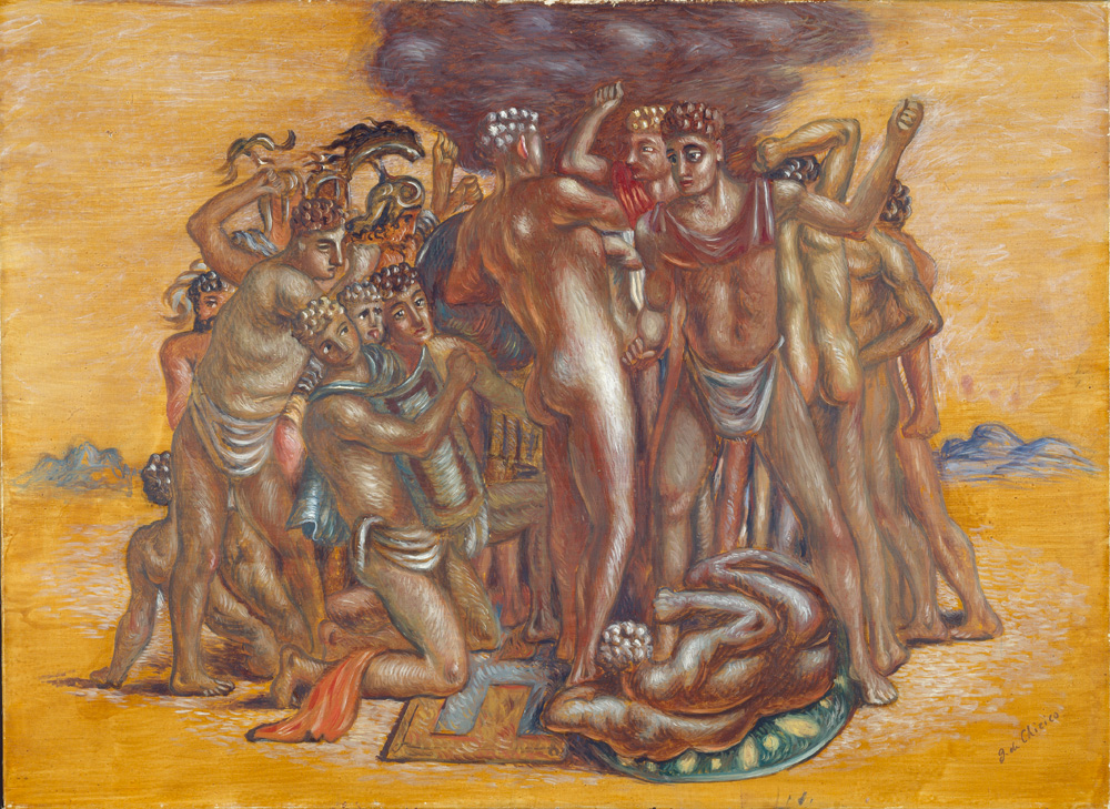 Giorgio De Chirico, Lutte antique (olio su tela, 73 x 100 cm; immagine 48 x 33 cm; Parigi, Centre Pompidou, Musée National d'art moderne) 