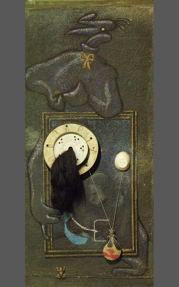 Max Ernst, Loplop présente une jeune fille (1930/1966; olio su legno, gesso e oggetti, 194,5 x 89 x 10 cm; Parigi, Centre Pompidou, Musée National d'art moderne) 